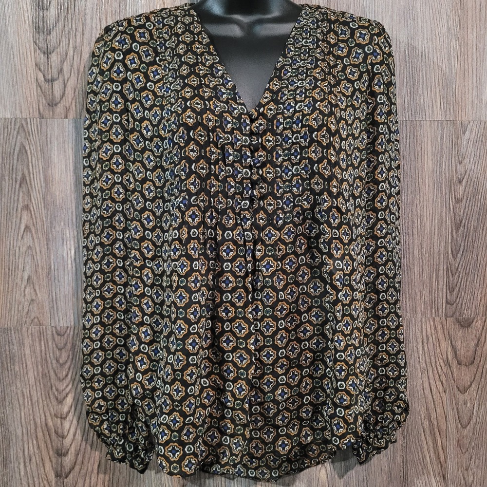 VERONICA BEARD Sheer Pleated Blouse Size 0 Geometric V-Neck Button Flowy Layer